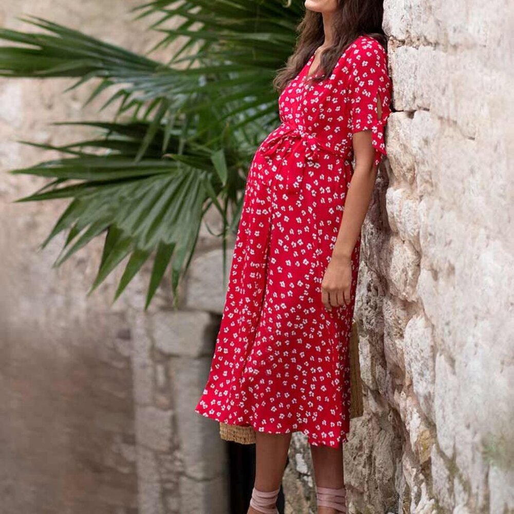 Seraphine Red Floral Midi Wrap Maternity Dress sz 6
